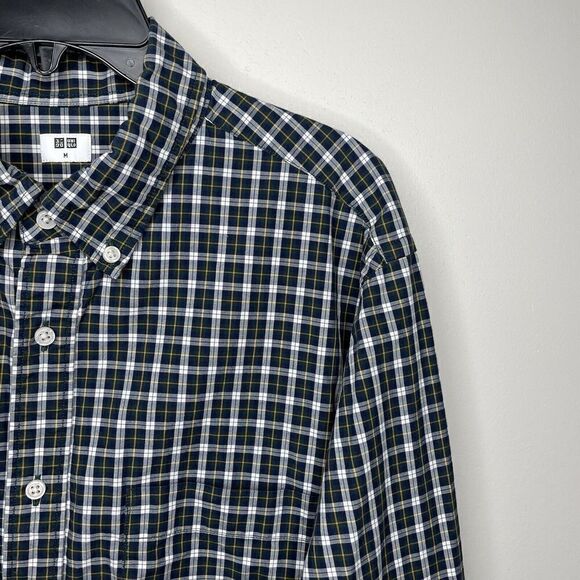 UNIQLO Shirt Mens Medium M Green Tartan Plaid Button Down Cotton Long Sleeve - Picture 2 of 8